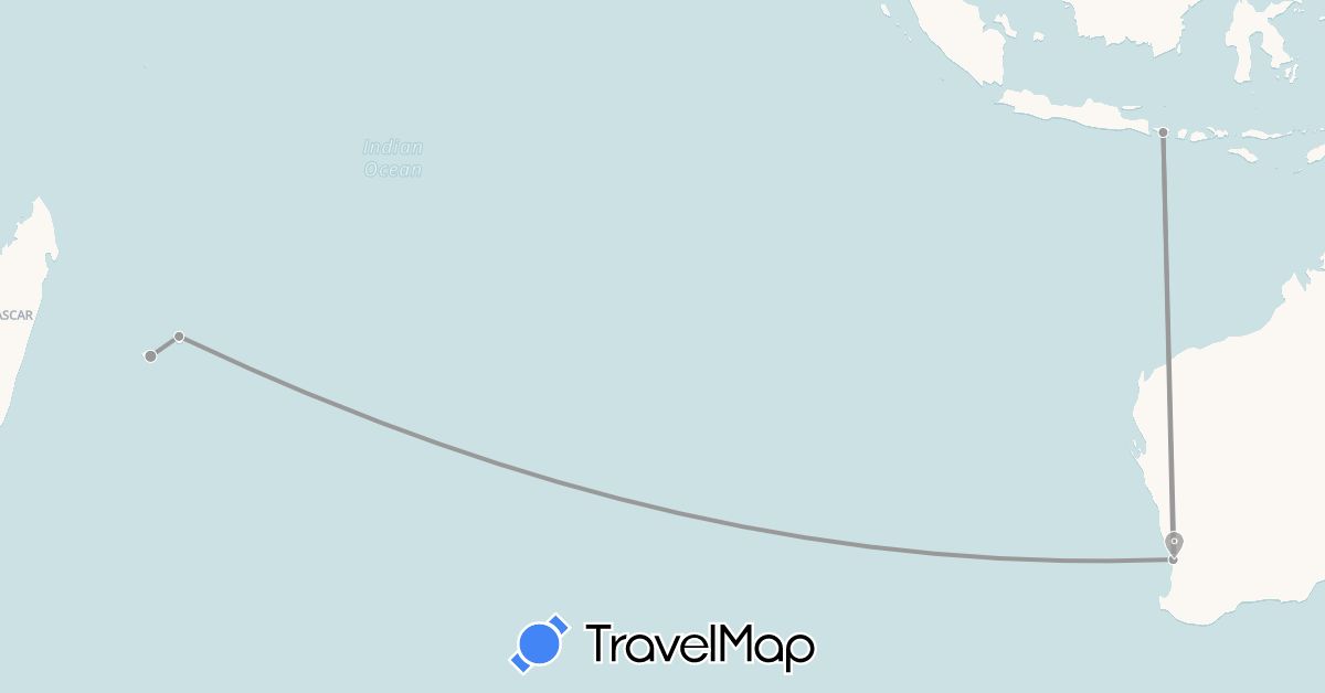 TravelMap itinerary: driving, plane in Australia, Indonesia, Mauritius, Réunion (Africa, Asia, Oceania)
